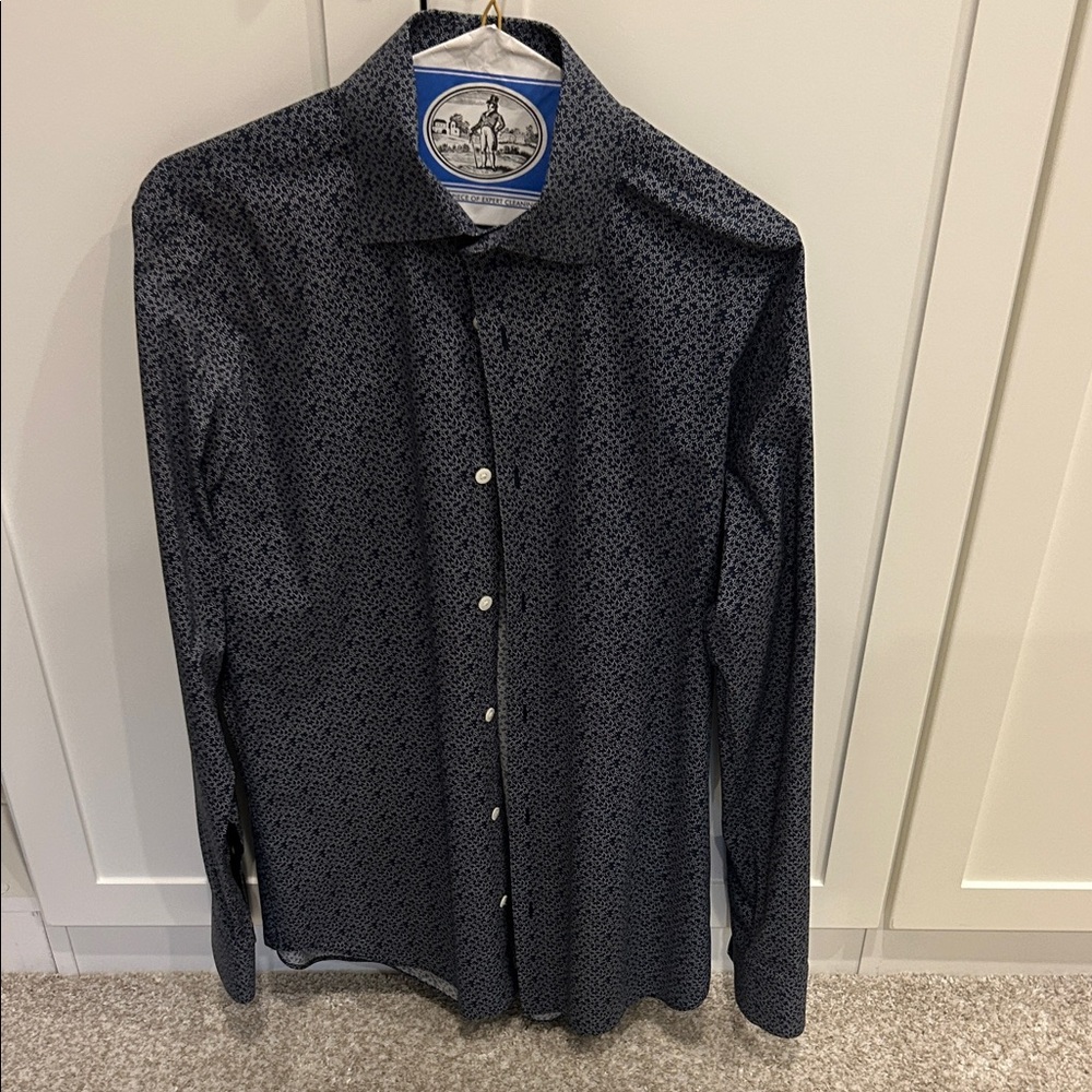 Men's dark navy and white Bonobos stretch Patterned Shirt size M. 15.5 neck